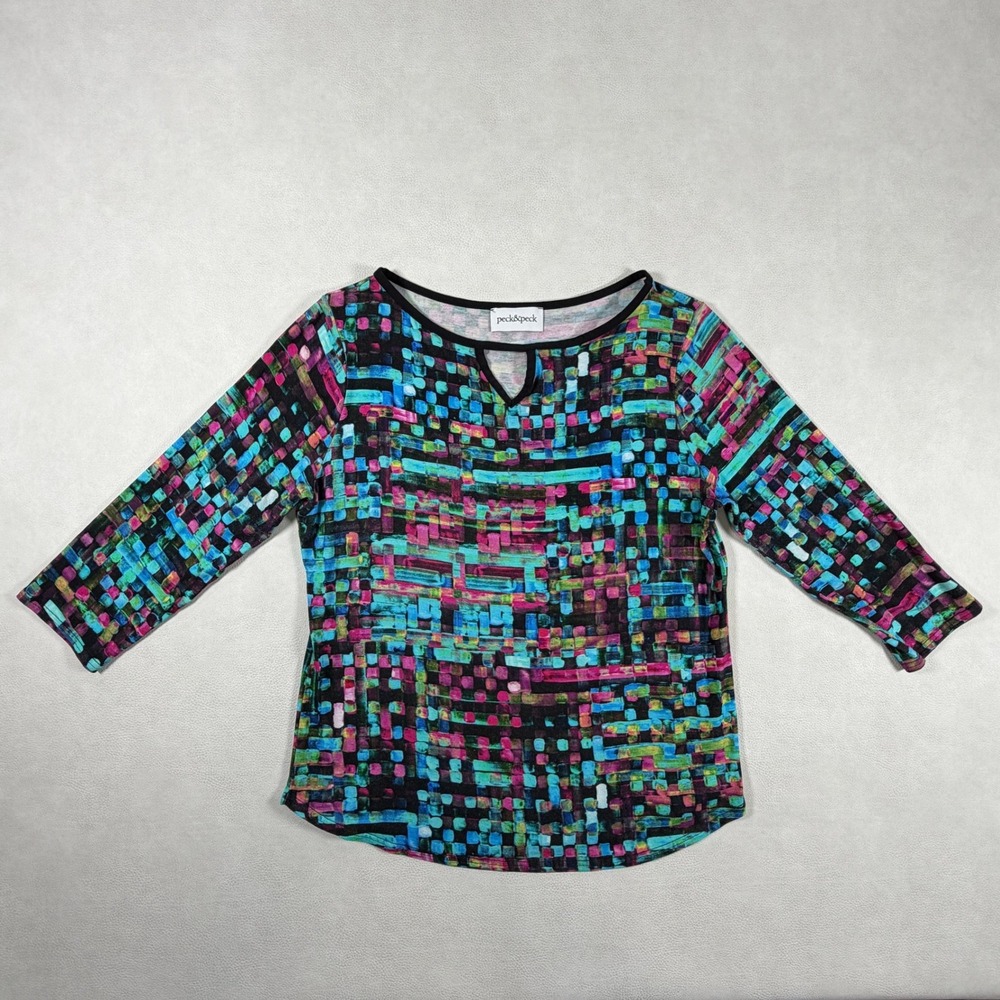 Peck & Peck Womens Large Blouse Multicolor Abstract Geometric Keyhole 3/4 Sleeve